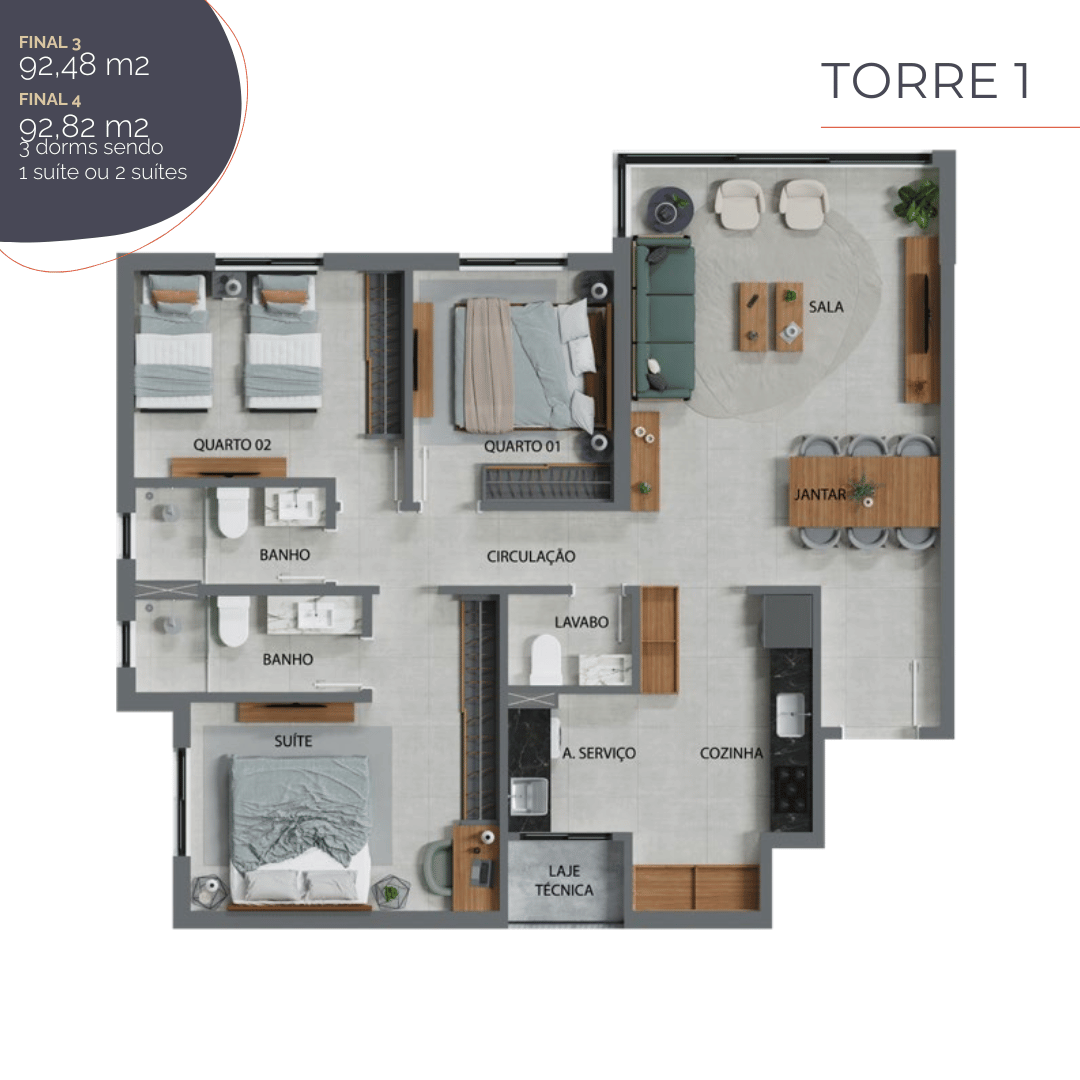 Planta 3 Dormitórios